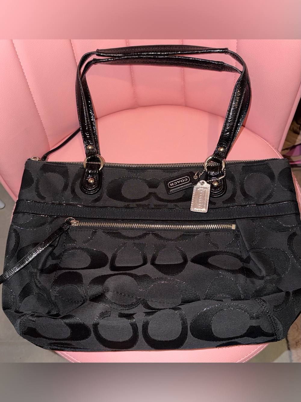Coach Black Logo Jacquard Shoulder Bag with Patent Trim